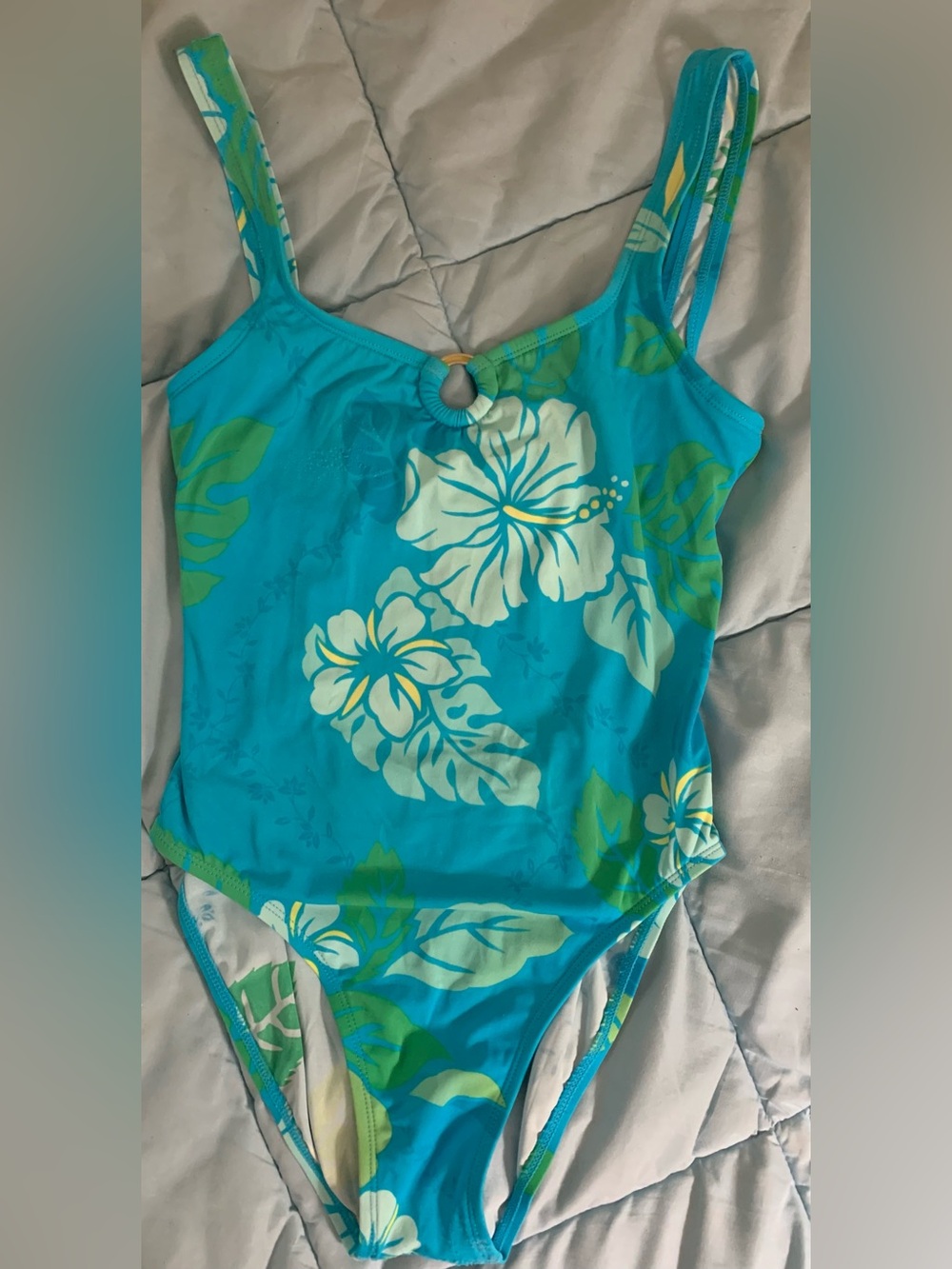 Tommy Hilfiger Teal Floral One-Piece Swimsuit with Ring Accent